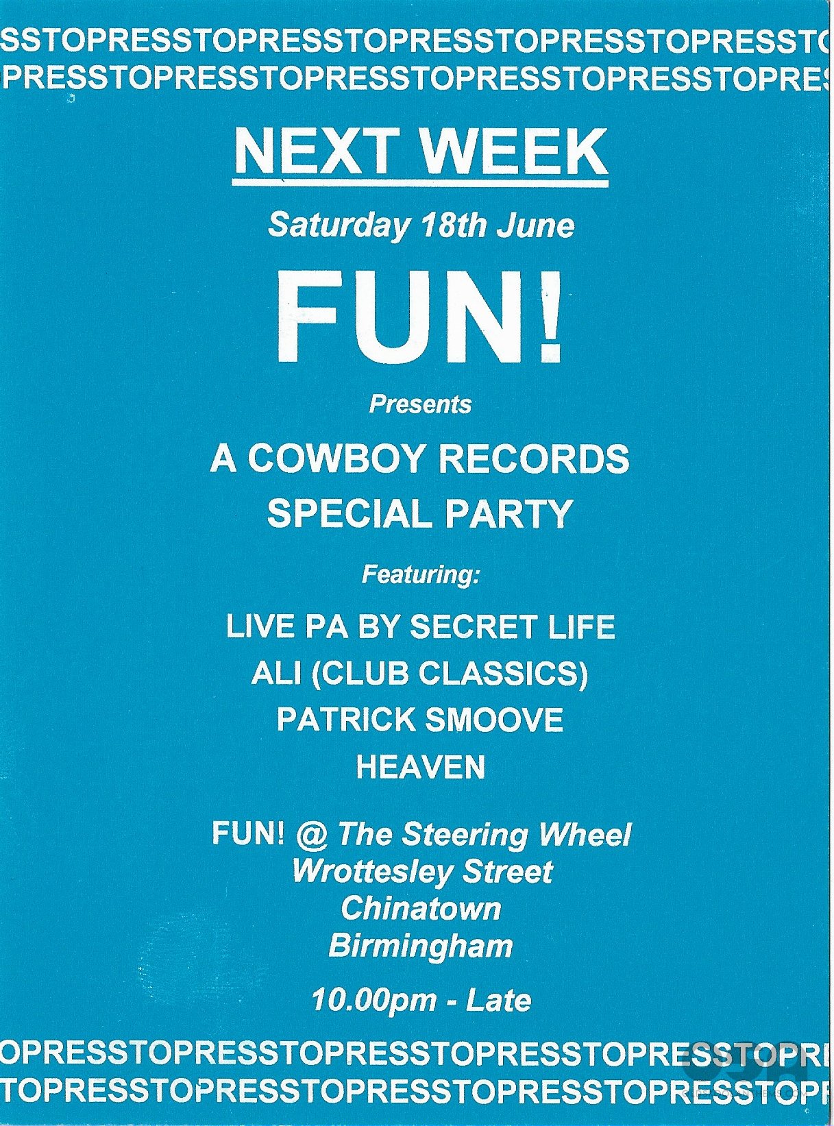 Fun @ The Steering Wheel - Cowboy Records Special Party - 18th June 1994 - (Single Sided Flyer) .jpg